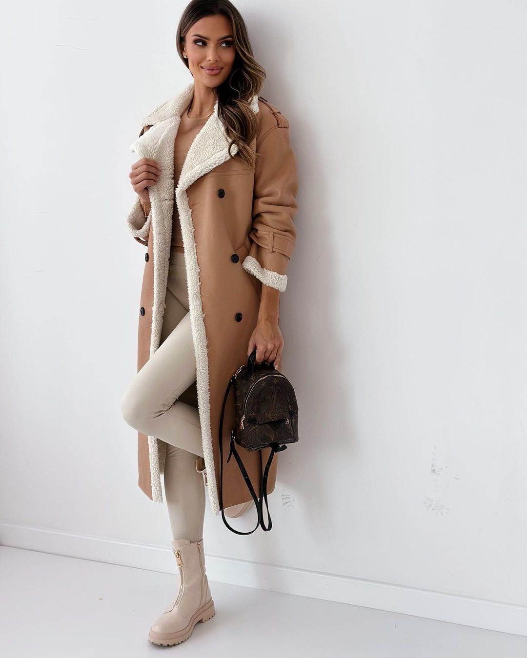 ATISSE – Women's Luxury Teddy Coat – Double-Breasted Faux Shearling Trench Coat – Warm Winter Outerwear