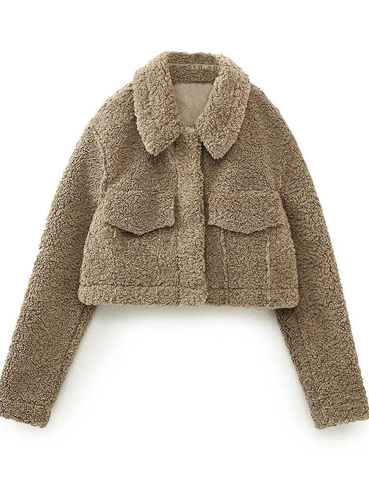 ATISSE ZIA – Kurze Teddy-Felljacke für Damen – Wintermantel in Taupe