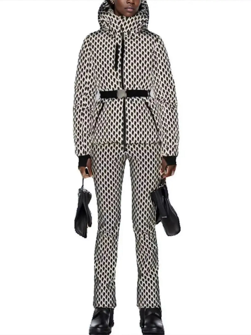 Conjunto de 2 Piezas de Parka Deportiva Acolchada con Capucha y Pantalones para Mujer, Invierno 2026, con Cinturón, Elegante, Cálido, Cortavientos, para Esquí