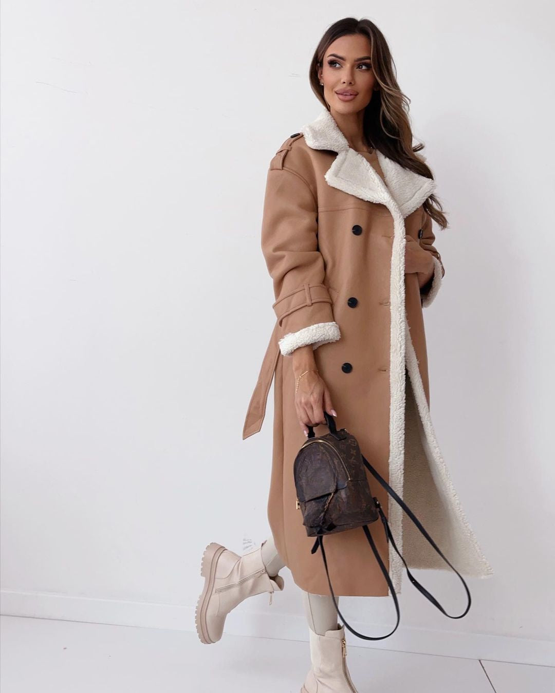 ATISSE – Women's Luxury Teddy Coat – Double-Breasted Faux Shearling Trench Coat – Warm Winter Outerwear