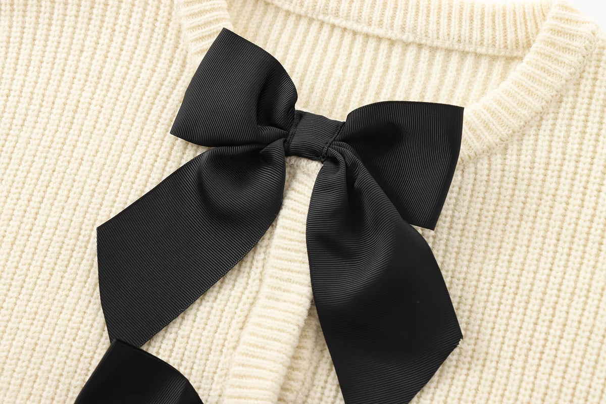 ATISSE – Women’s Cream Knit Cardigan – Black Bow Front Sweater