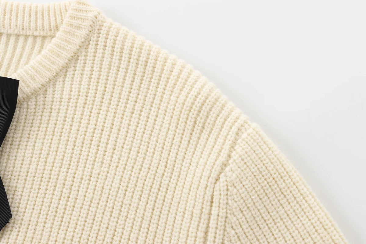 ATISSE – Women’s Cream Knit Cardigan – Black Bow Front Sweater