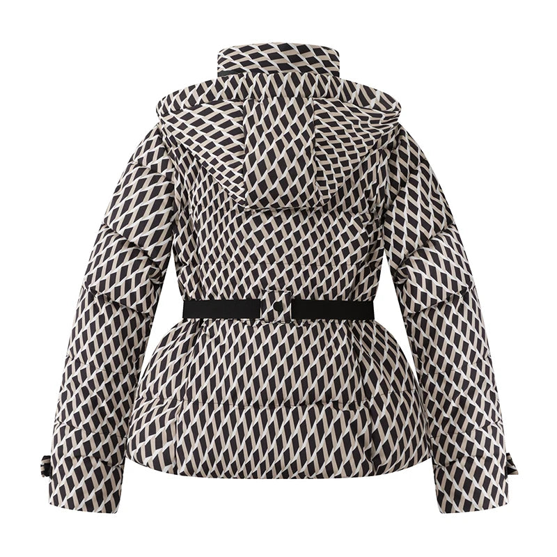 ATISSE ÉLODIE – Women's Belted Hooded Puffer Jacket – Geometric Print Winter Parka Coat