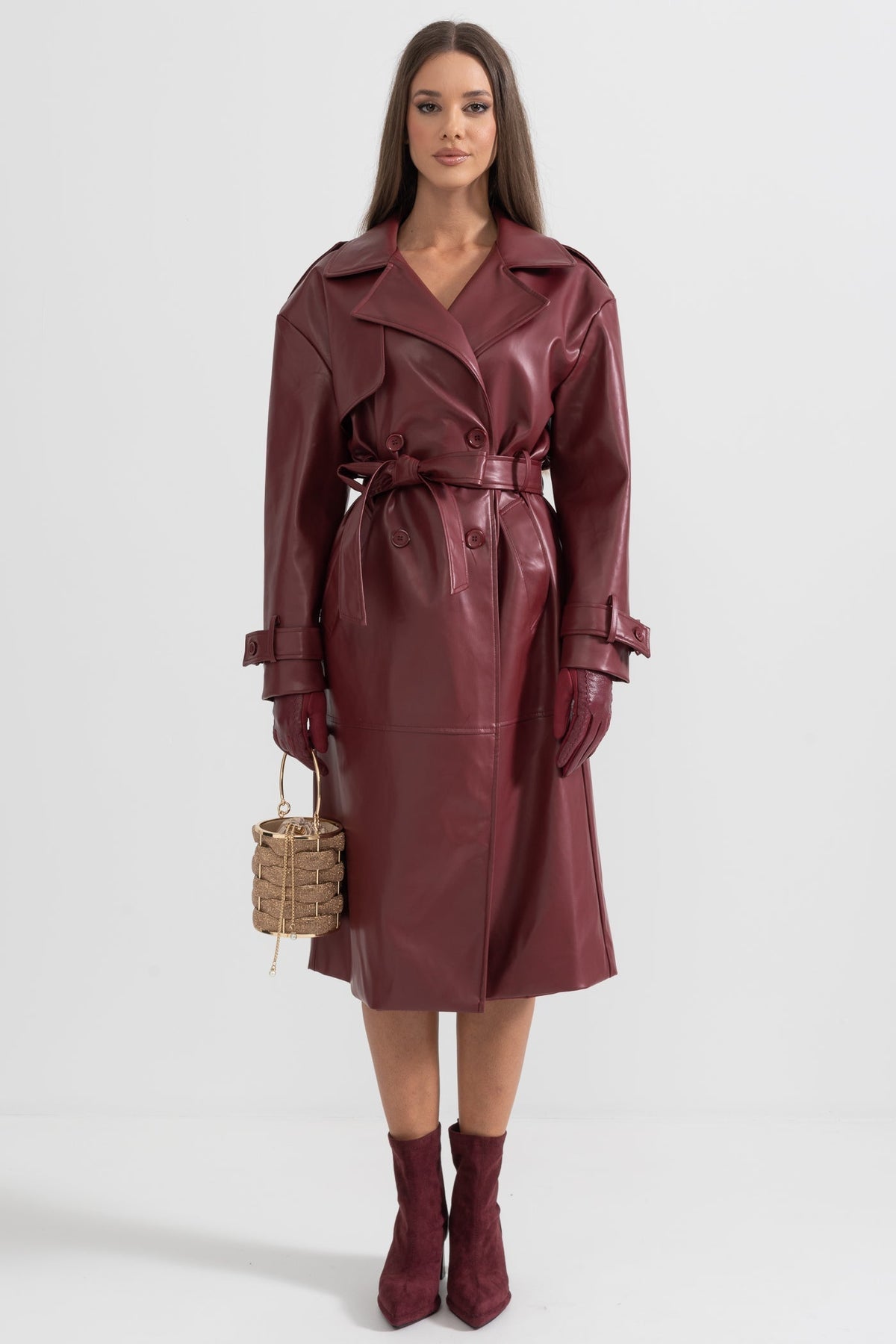 ATISSE – Women's Burgundy Vegan Leather Trench Coat – Long Belted Faux Leather Coat with Lapel Collar