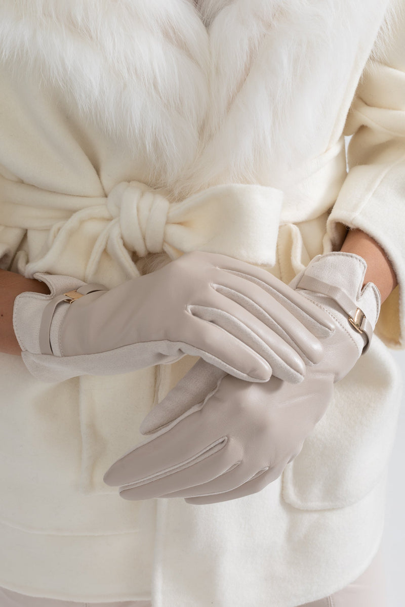 ATISSE – Women’s Beige Vegan Leather & Suede Gloves – Gold Buckle Winter Gloves