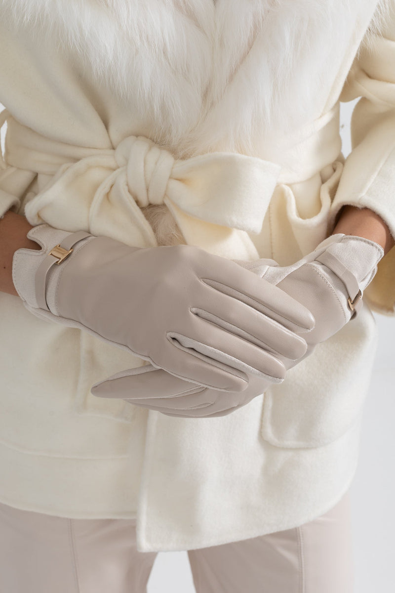 ATISSE – Women’s Beige Vegan Leather & Suede Gloves – Gold Buckle Winter Gloves