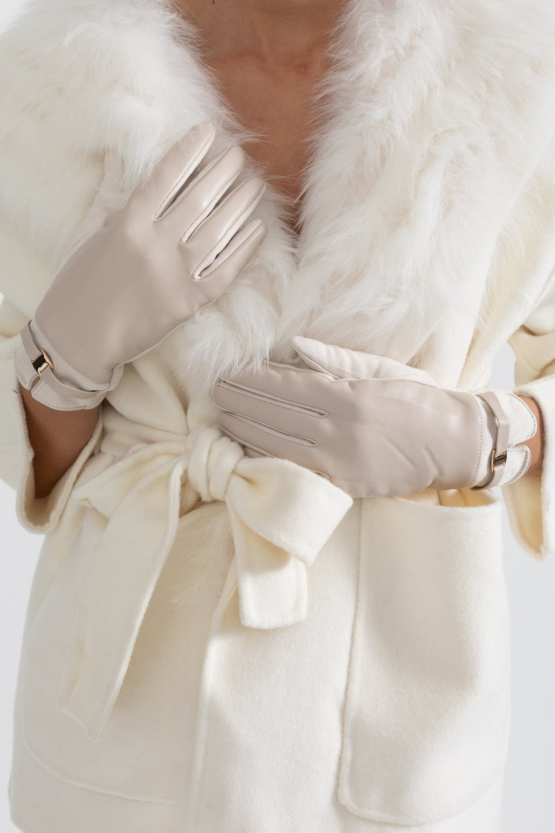 ATISSE – Women’s Beige Vegan Leather & Suede Gloves – Gold Buckle Winter Gloves