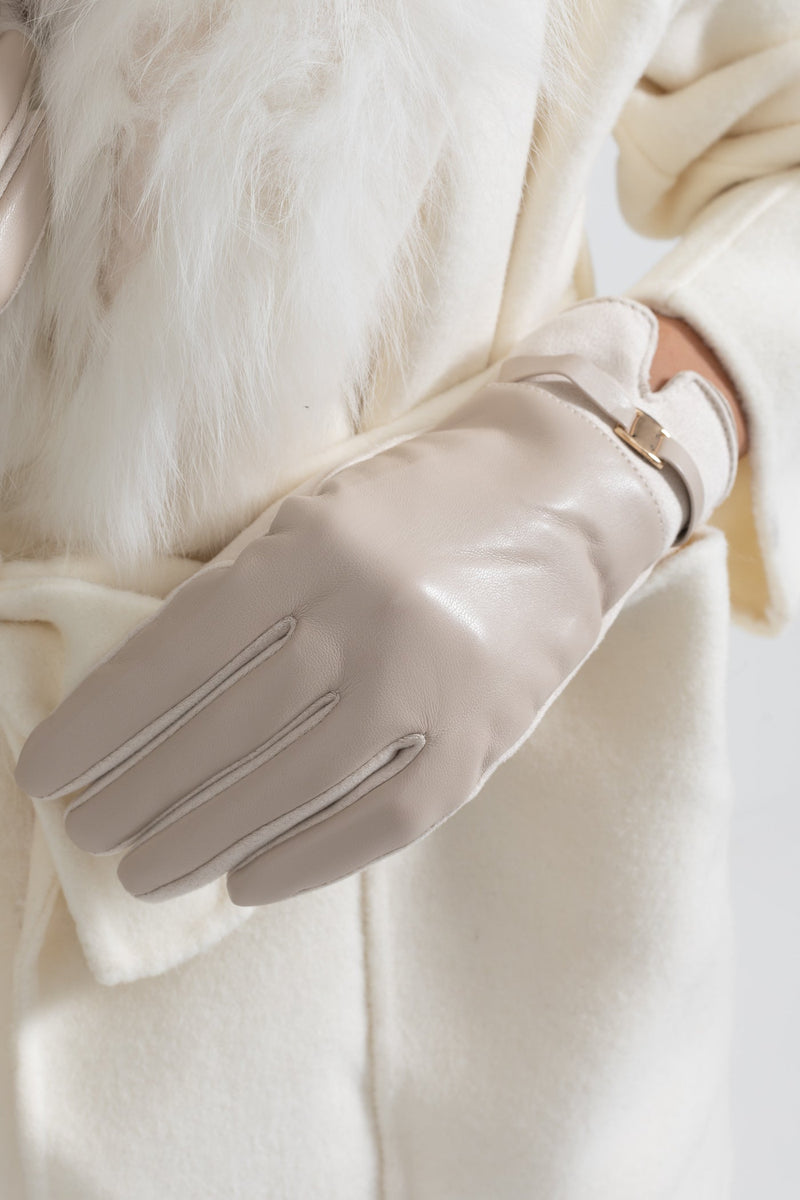 ATISSE – Women’s Beige Vegan Leather & Suede Gloves – Gold Buckle Winter Gloves