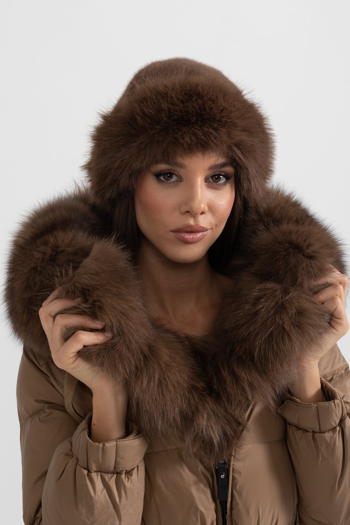 ATISSE – Women’s Brown Puffer Jacket – Brown Fox Fur Hood – Luxury Down Winter Coat