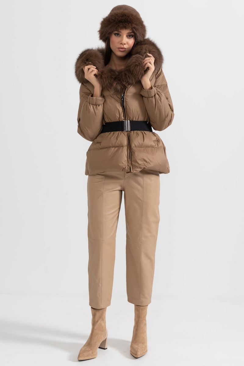 ATISSE – Women’s Brown Puffer Jacket – Brown Fox Fur Hood – Luxury Down Winter Coat