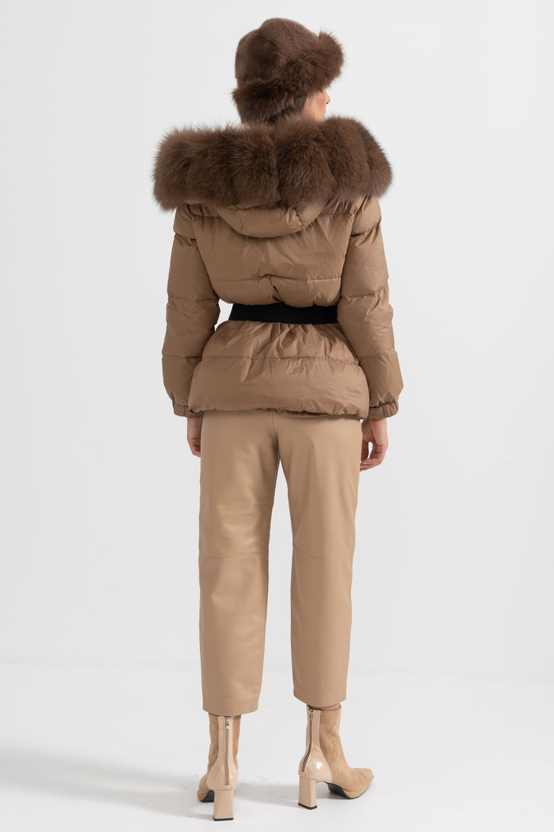 ATISSE – Women’s Brown Puffer Jacket – Brown Fox Fur Hood – Luxury Down Winter Coat