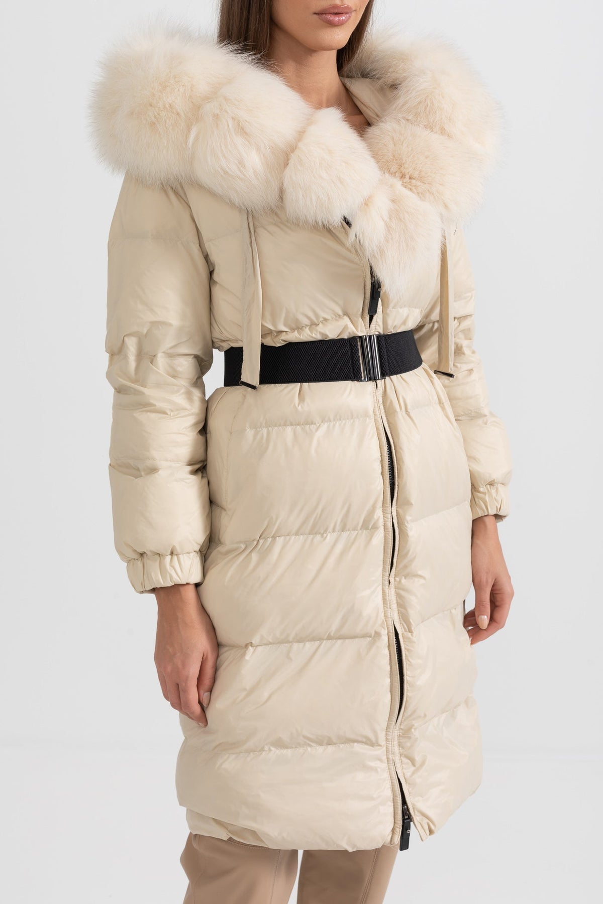 ATISSE – Women’s Long Puffer Jacket – White Fox Fur Hood – Ivory Down Winter Coat