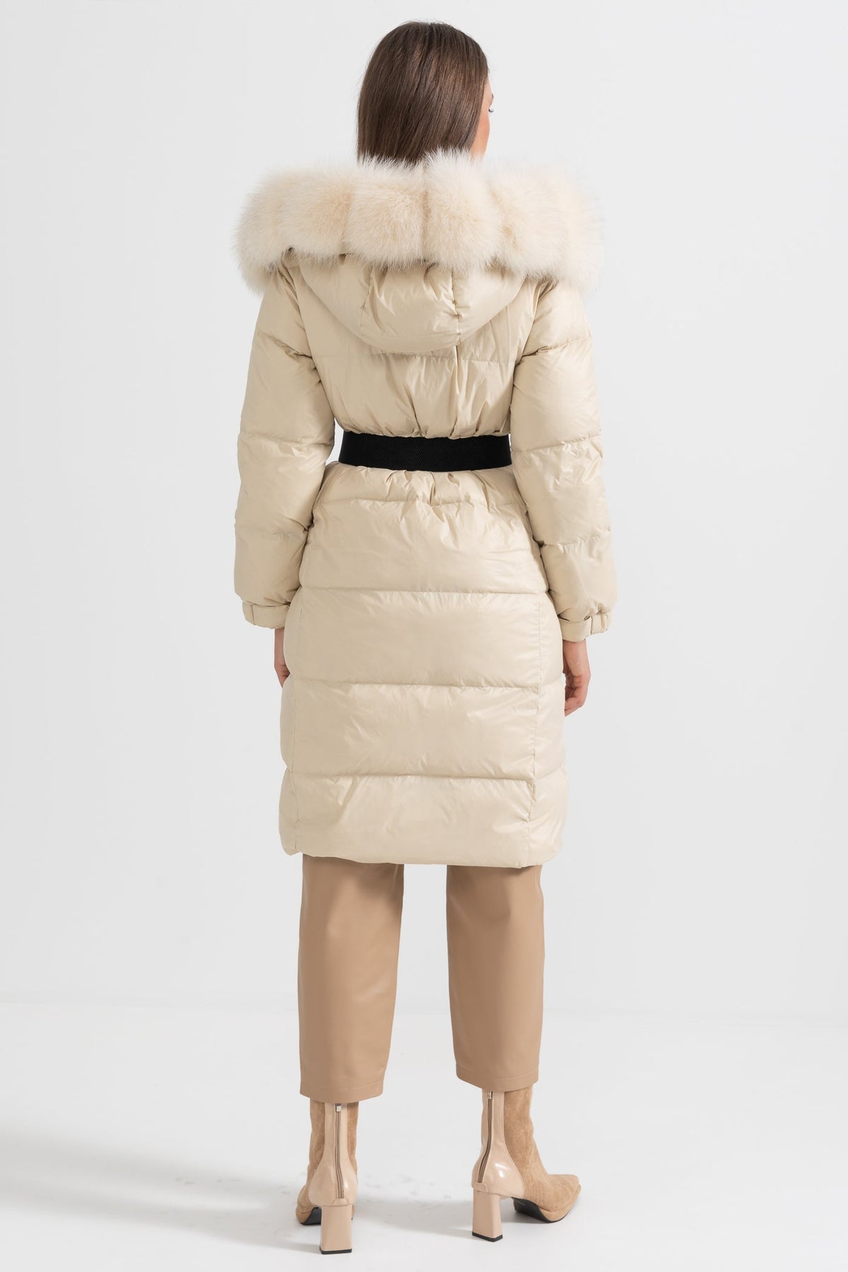 ATISSE – Women’s Long Puffer Jacket – White Fox Fur Hood – Ivory Down Winter Coat