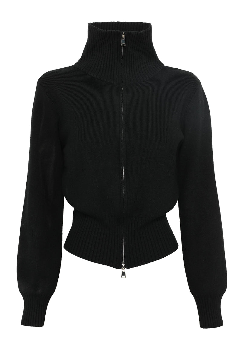 ATISSE – Women's Knit Zip Jacket – Black Ribbed Cardigan