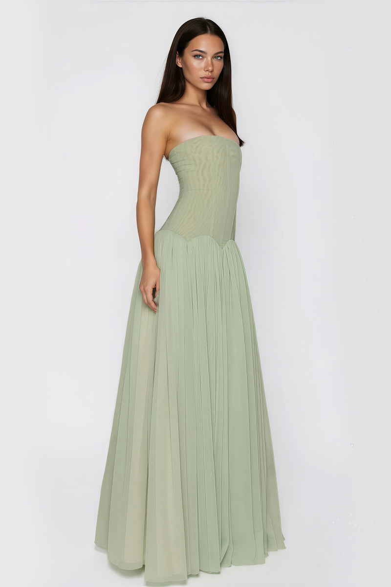 ATISSE SALOME – Vestido maxi plisado palabra de honor con cuerpo estilo corsé para mujer – Verde salvia