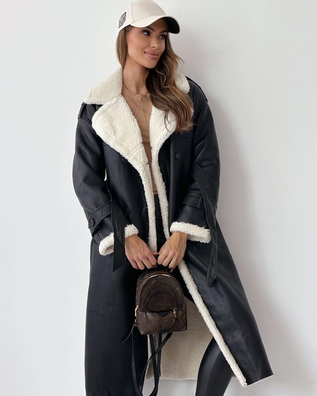 ATISSE – Women's Luxury Teddy Coat – Double-Breasted Faux Shearling Trench Coat – Warm Winter Outerwear
