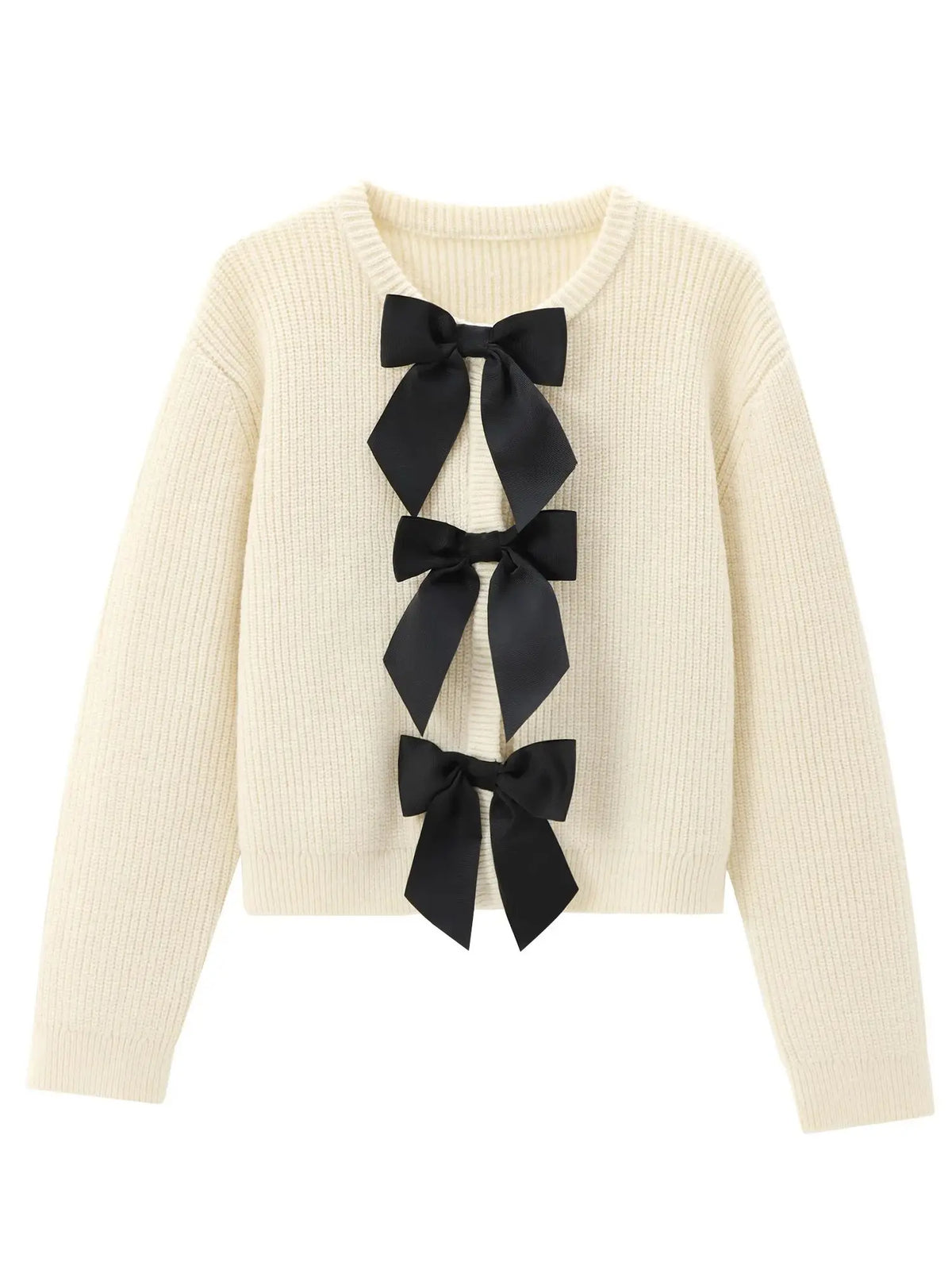 ATISSE – Women’s Cream Knit Cardigan – Black Bow Front Sweater