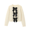 ATISSE – Women’s Cream Knit Cardigan – Black Bow Front Sweater