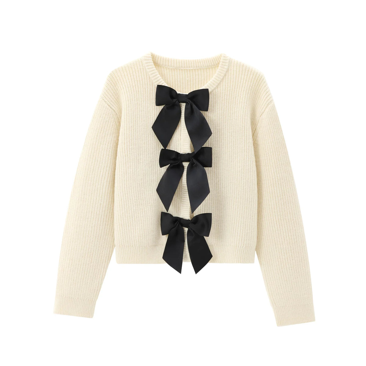 ATISSE – Women’s Cream Knit Cardigan – Black Bow Front Sweater