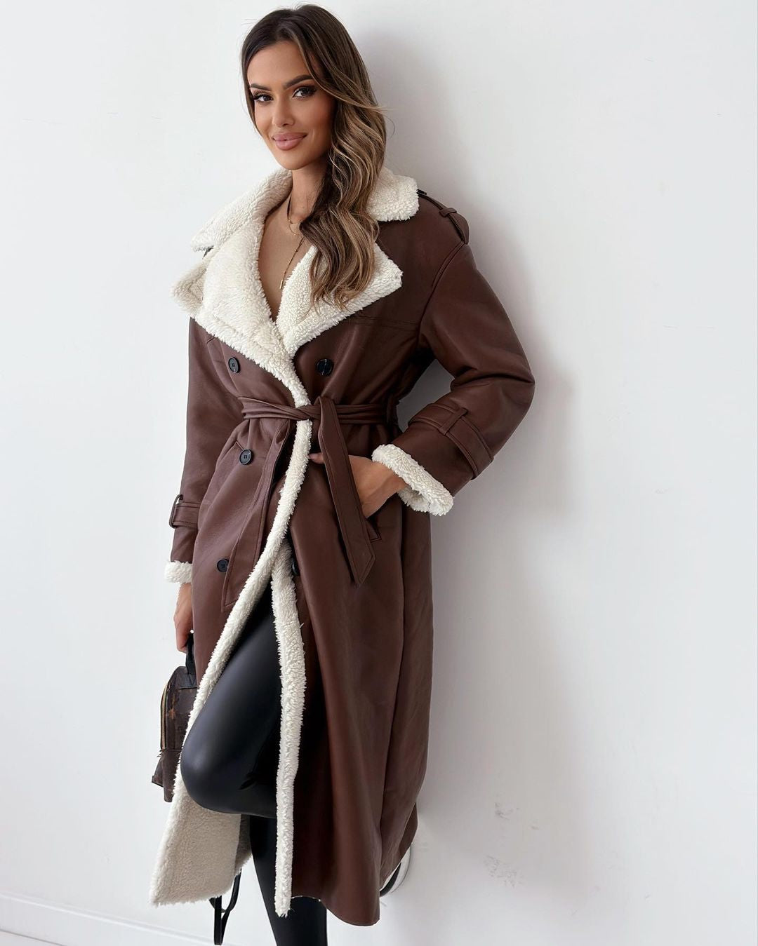 ATISSE – Women's Luxury Teddy Coat – Double-Breasted Faux Shearling Trench Coat – Warm Winter Outerwear