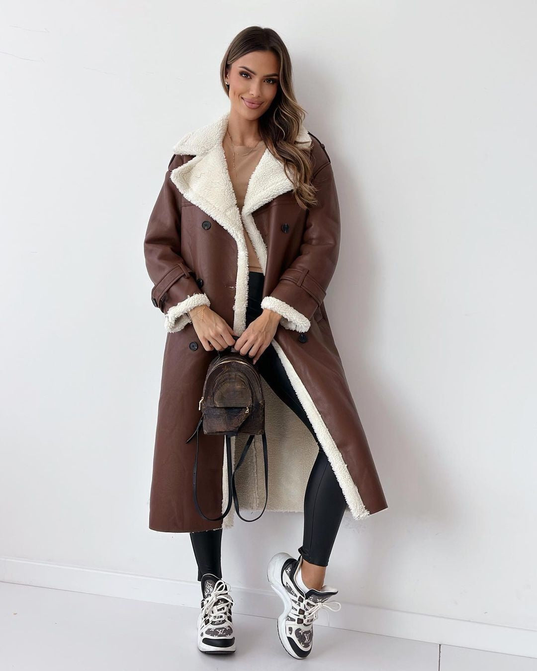 ATISSE – Women's Luxury Teddy Coat – Double-Breasted Faux Shearling Trench Coat – Warm Winter Outerwear