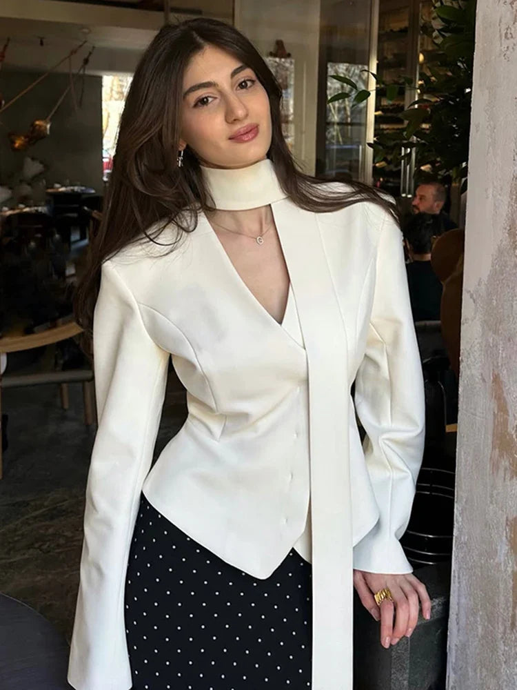 ATISSE – Sienna – Women’s White Tailored Blazer – Fitted Cinched Waist Jacket