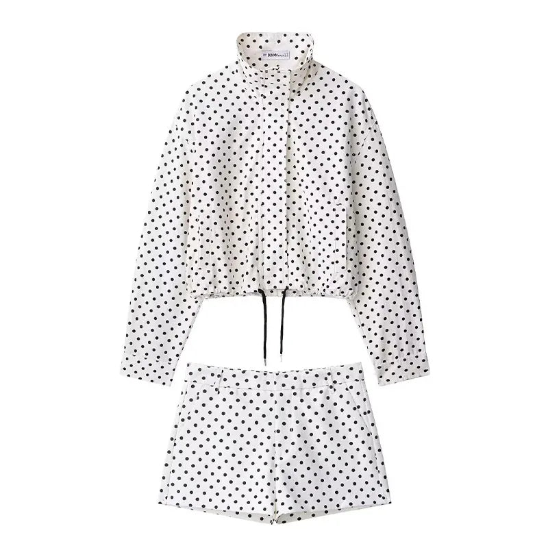 ATISSE  – Women's Polka Dot Co-Ord Set – White High Neck Blouse & Tailored Shorts