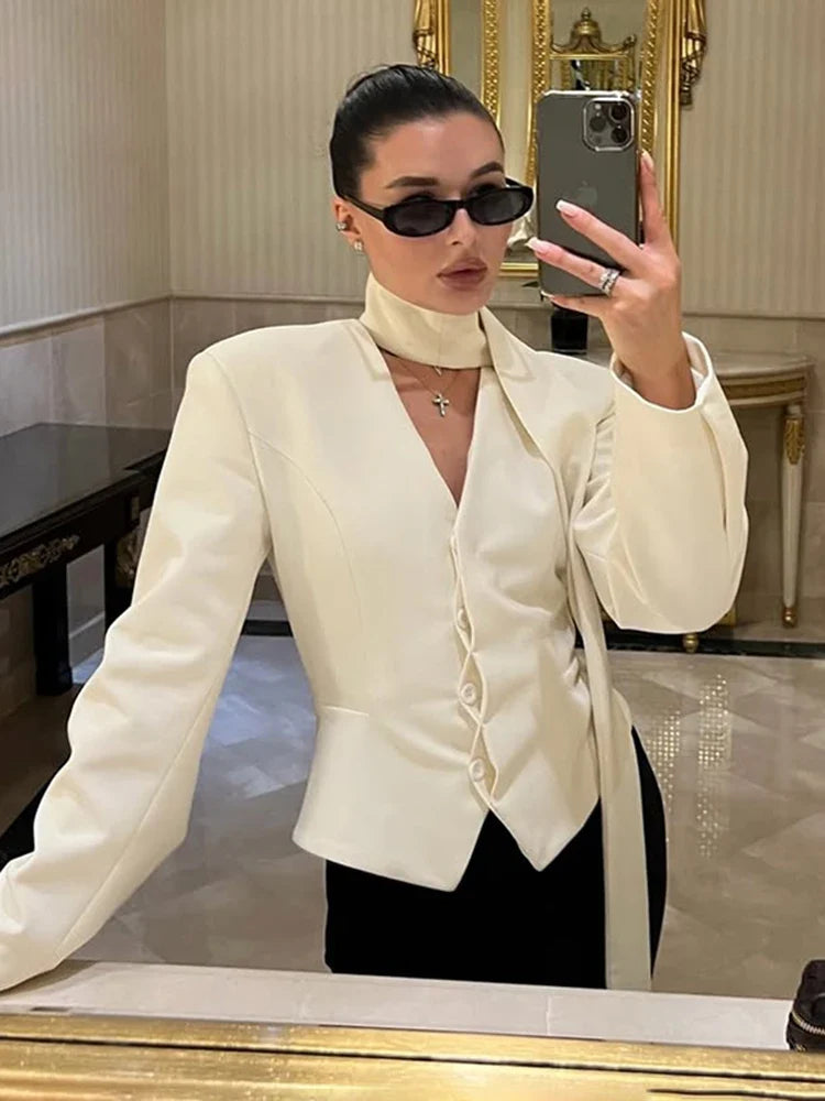 ATISSE – Sienna – Women’s White Tailored Blazer – Fitted Cinched Waist Jacket