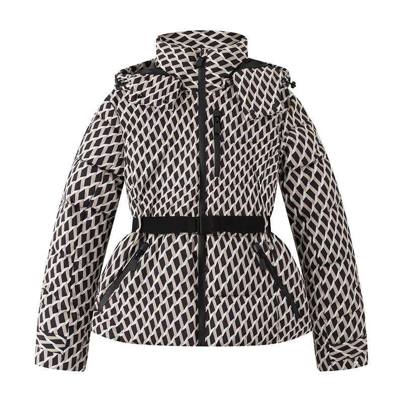 ATISSE ÉLODIE – Women's Belted Hooded Puffer Jacket – Geometric Print Winter Parka Coat