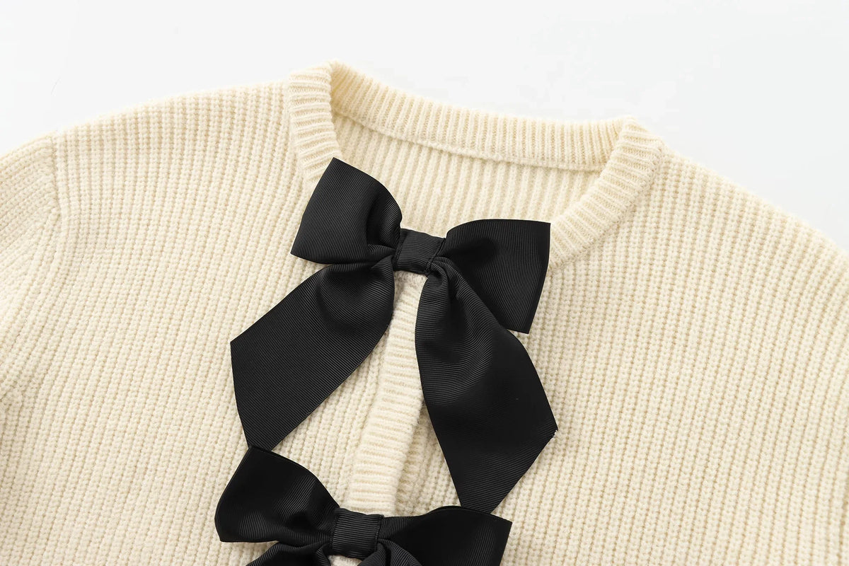 ATISSE – Women’s Cream Knit Cardigan – Black Bow Front Sweater