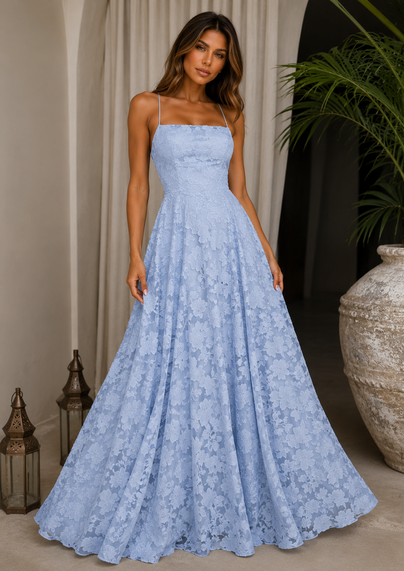 ATISSE AZURA – Vestido maxi palabra de honor de jacquard con espalda al aire para mujer – Azul empolvado