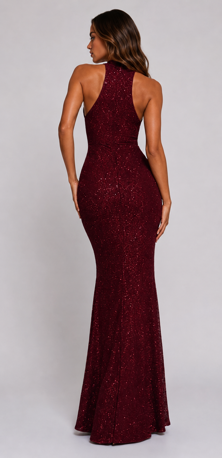 ATISSE SCARLETT – Enges Pailletten-Maxikleid für Damen – Burgunderrot