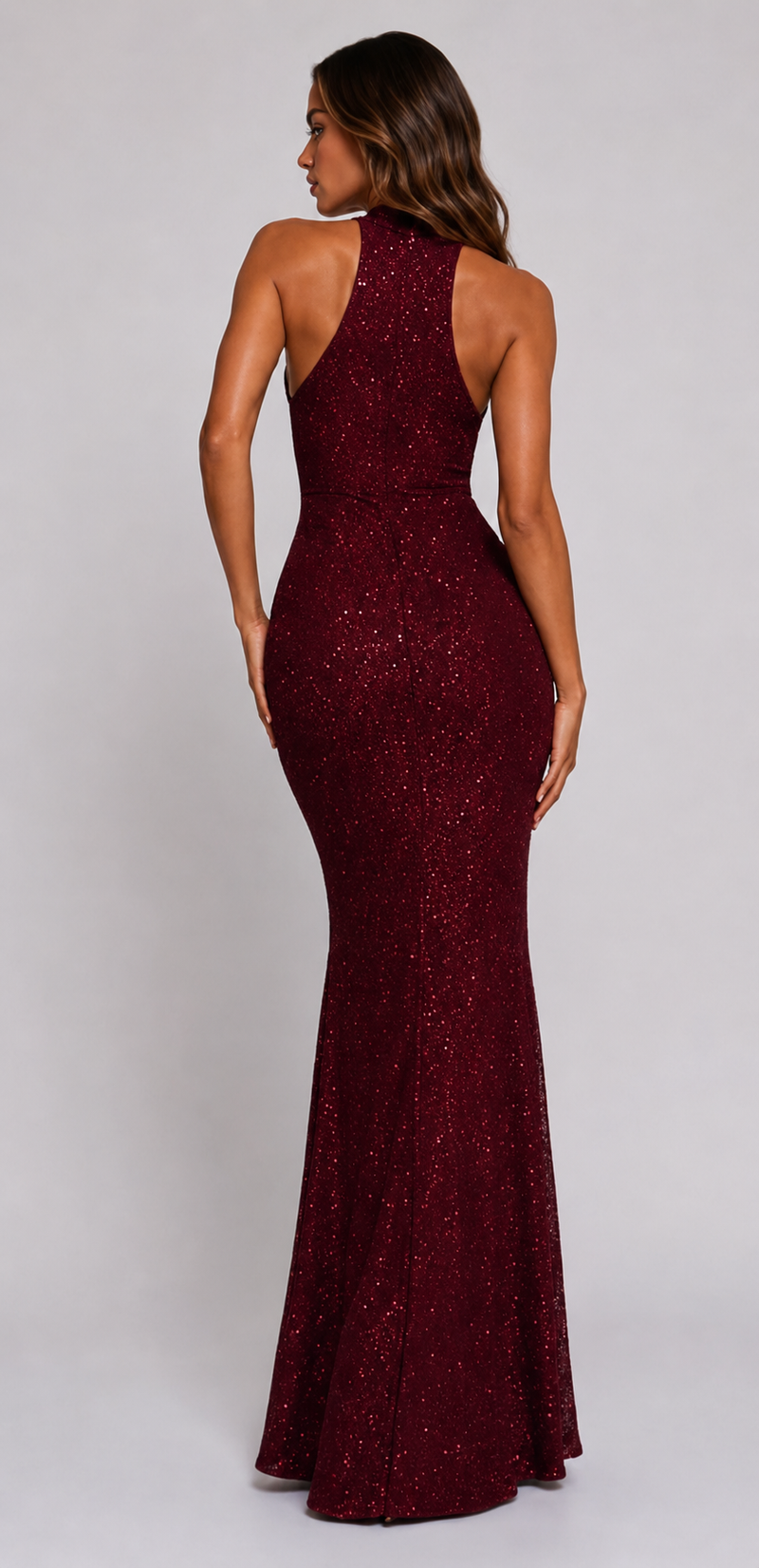 ATISSE SCARLETT – Vestido maxi ajustado de lentejuelas para mujer – Rojo burdeos