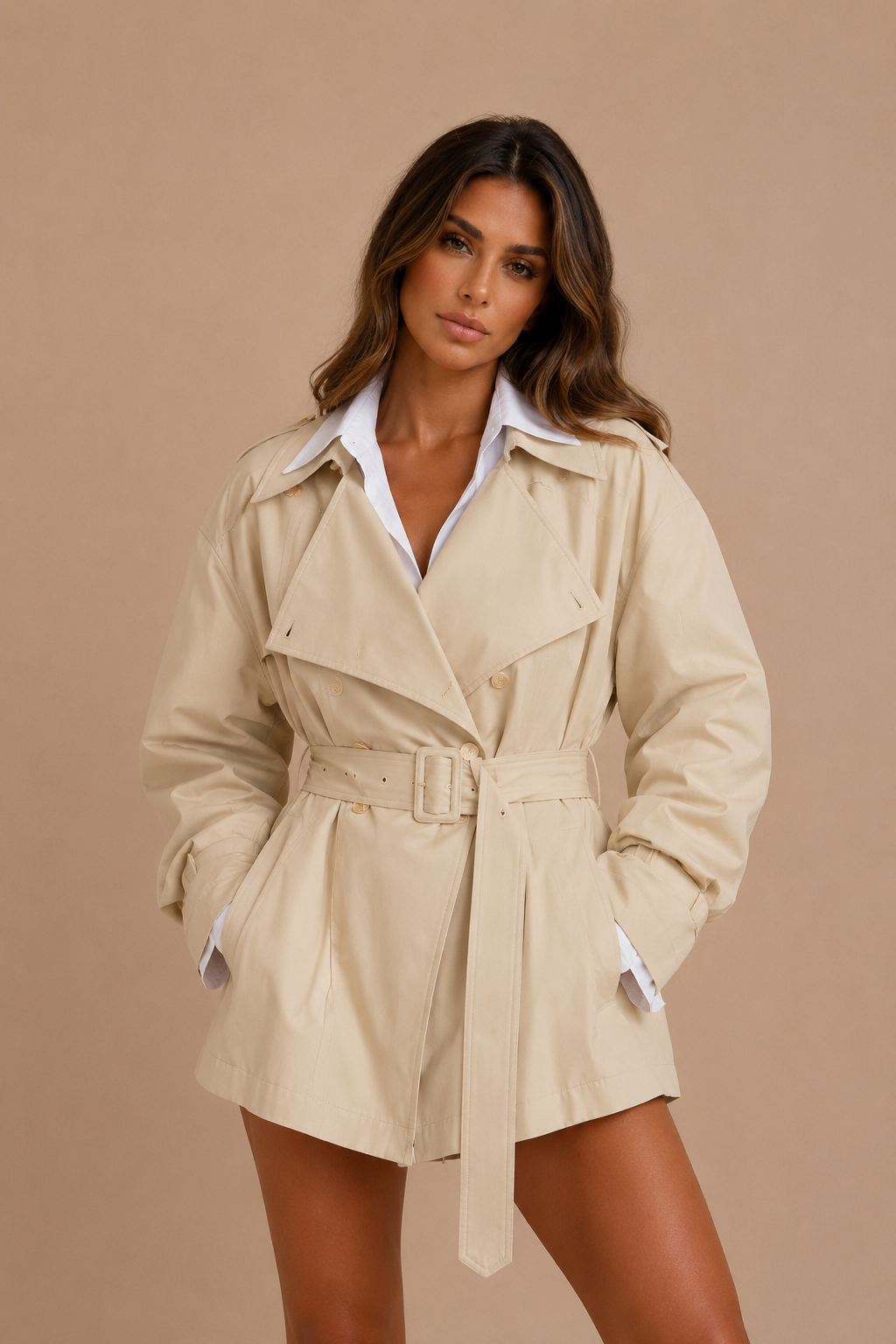 ATISSE PRISCILLE – Asymmetrischer Trenchcoat für Damen mit Gürtel – Beige Khaki