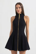 ATISSE – Women's Black Mini Dress – Sleeveless High Neck Dress with Gold Front Zipper & Flared Skirt