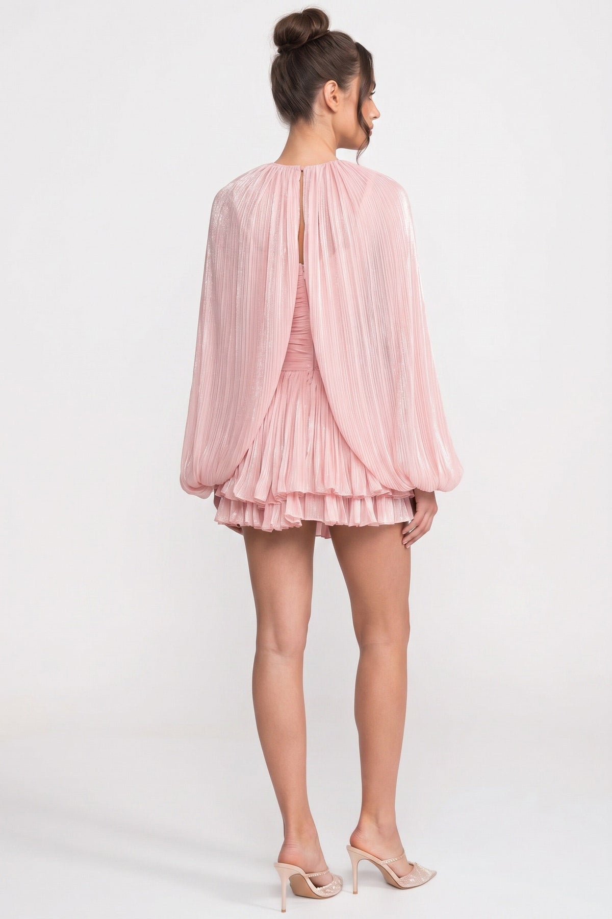 ATISSE – Women’s Pink Pleated Mini Dress – High Neck Balloon Sleeve Party Dress