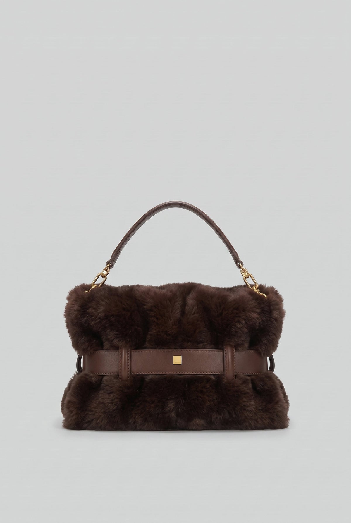 ATISSE – Women's Brown Faux Fur Handbag – Fluffy Top Handle Bag with Gold Buckle & Belt Detail