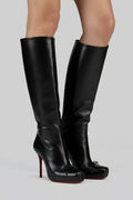 ATISSE – Women's Black Knee High Boots – 10cm Stiletto Heel, Square Toe & Red Sole Detail