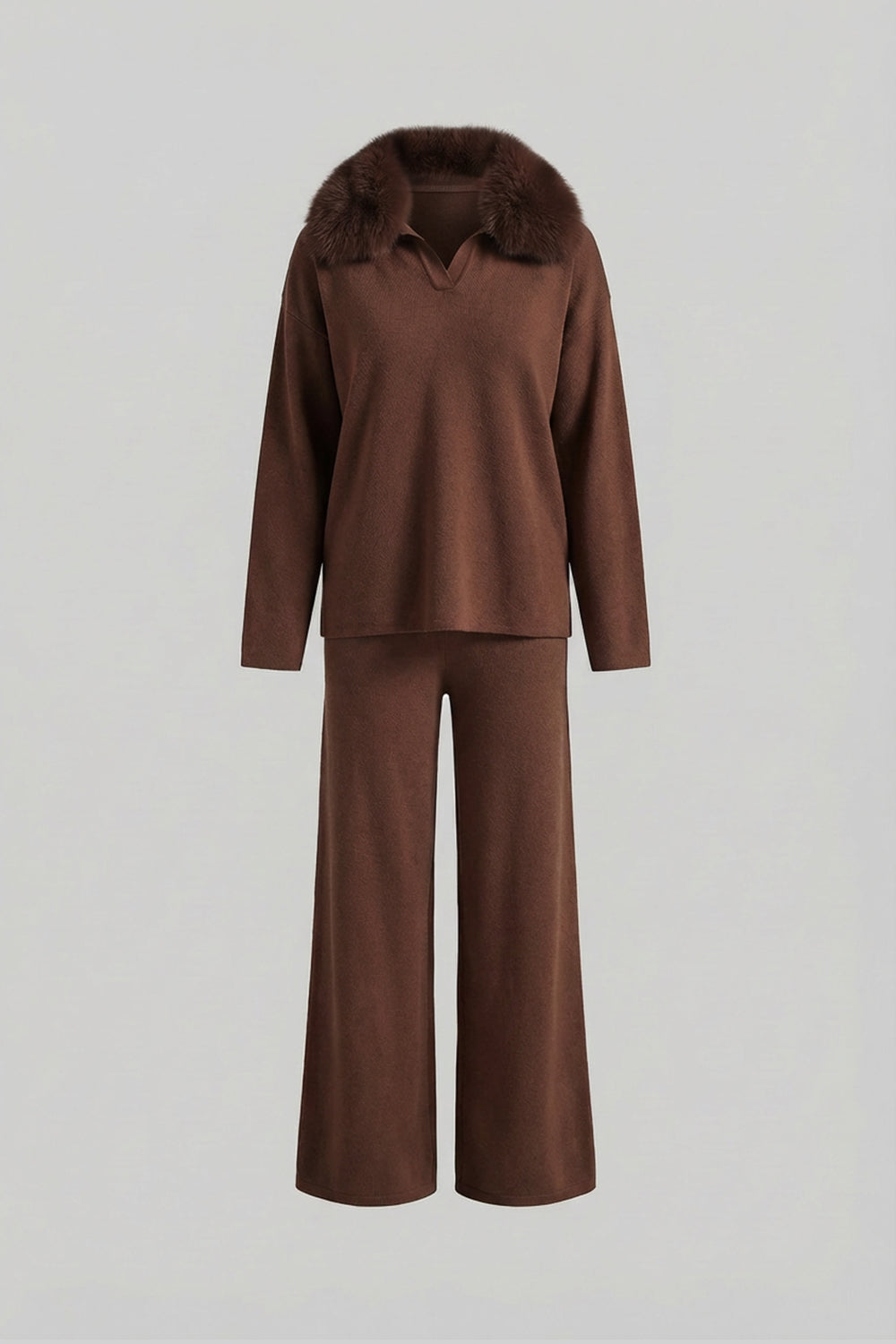ATISSE – Women's Brown Knit Two-Piece Lounge Set – Fur Collar Sweater & Wide Leg Pants