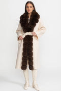 ATISSE – Women's Ivory Long Wool Coat – Brown Fox Fur Front Trim, Belted Wrap Winter Coat