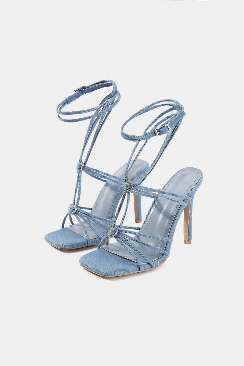 ATISSE CELESTIA – Sandalias de tacón con cordones para mujer – Tacones de noche azules con pedrería
