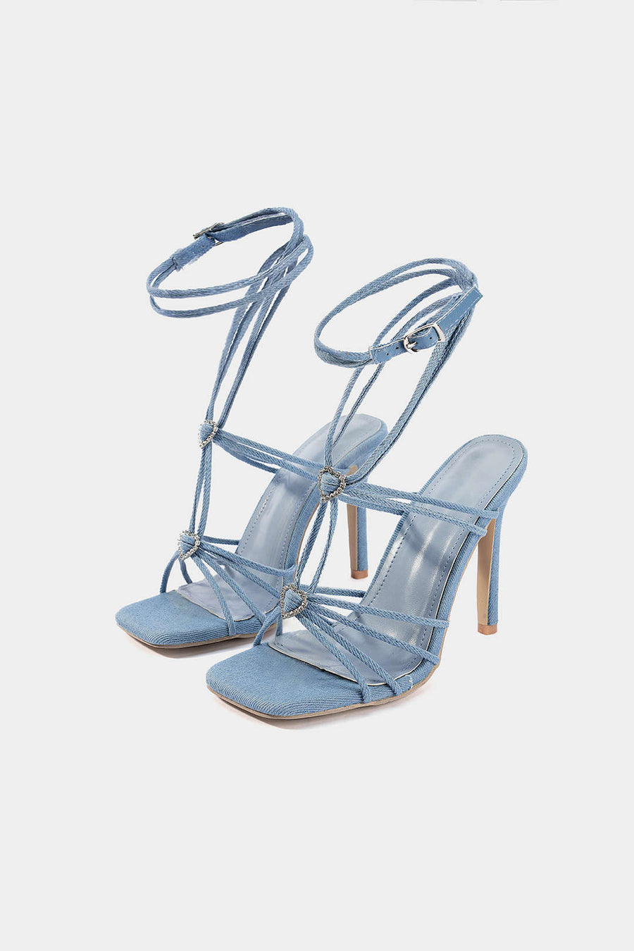 ATISSE CELESTIA – Sandalias de tacón con cordones para mujer – Tacones de noche azules con pedrería