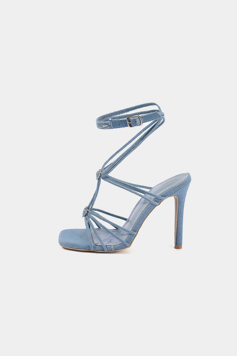 ATISSE CELESTIA – Sandalias de tacón con cordones para mujer – Tacones de noche azules con pedrería