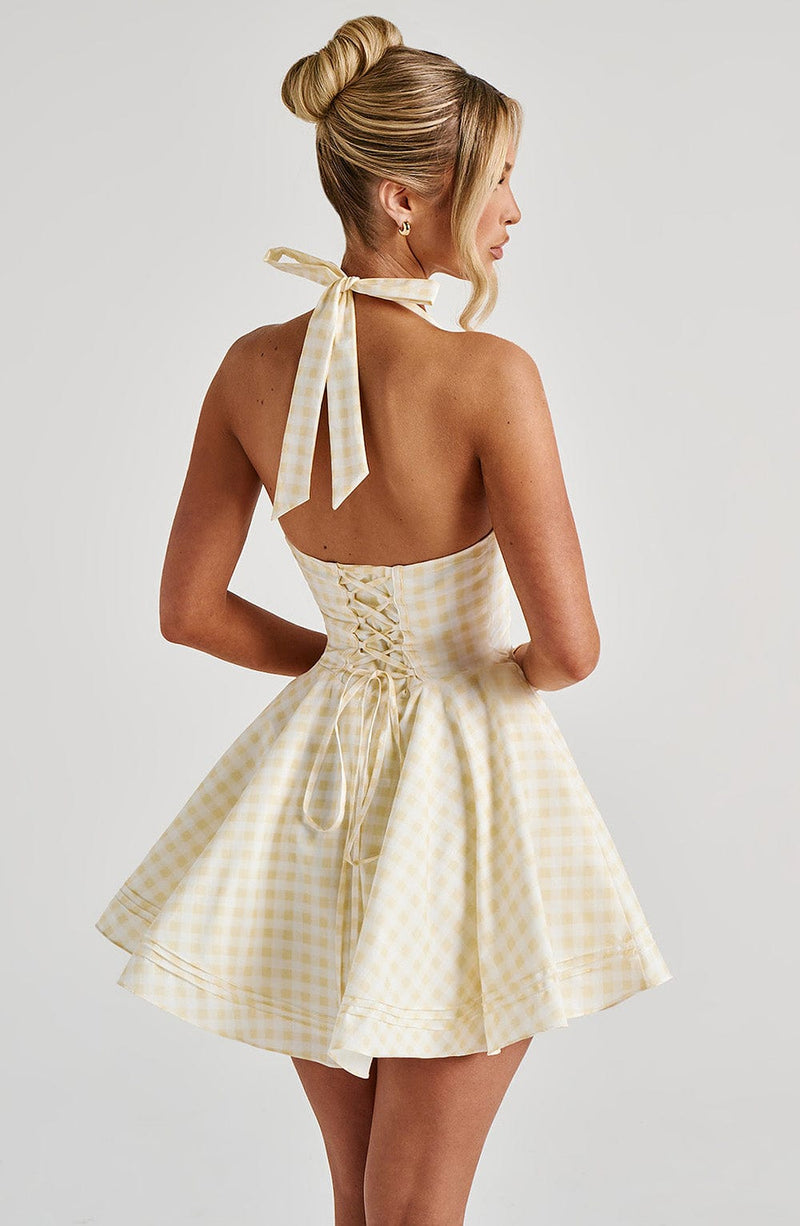 ATISSE LEMON GARDEN — Kariertes Mini-Halterneck-Kleid mit Vichy-Karos in Zitronengelb