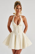 ATISSE LEMON GARDEN — Kariertes Mini-Halterneck-Kleid mit Vichy-Karos in Zitronengelb