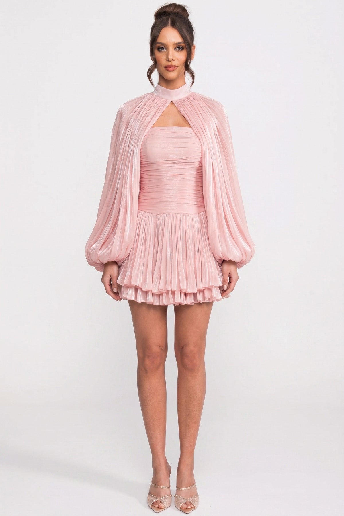 ATISSE – Women’s Pink Pleated Mini Dress – High Neck Balloon Sleeve Party Dress