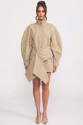 ATISSE – Women’s Oversized Belted Jacket – Balloon Sleeve Asymmetric Hem Jacket – Khaki Statement Outerwear