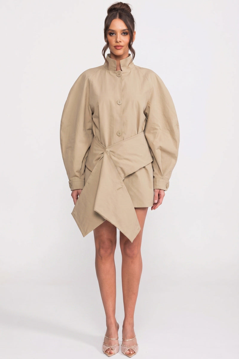 ATISSE – Women’s Oversized Belted Jacket – Balloon Sleeve Asymmetric Hem Jacket – Khaki Statement Outerwear