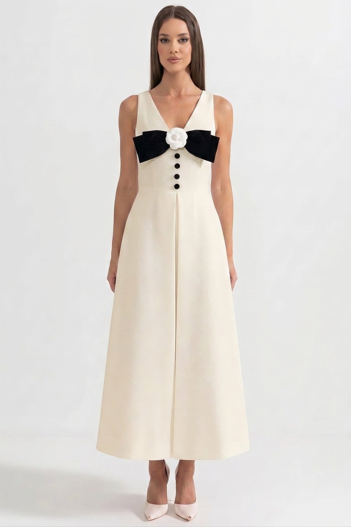 ATISSE – Women’s Ivory Maxi Dress – Halter Neck Black Bow Evening Dress