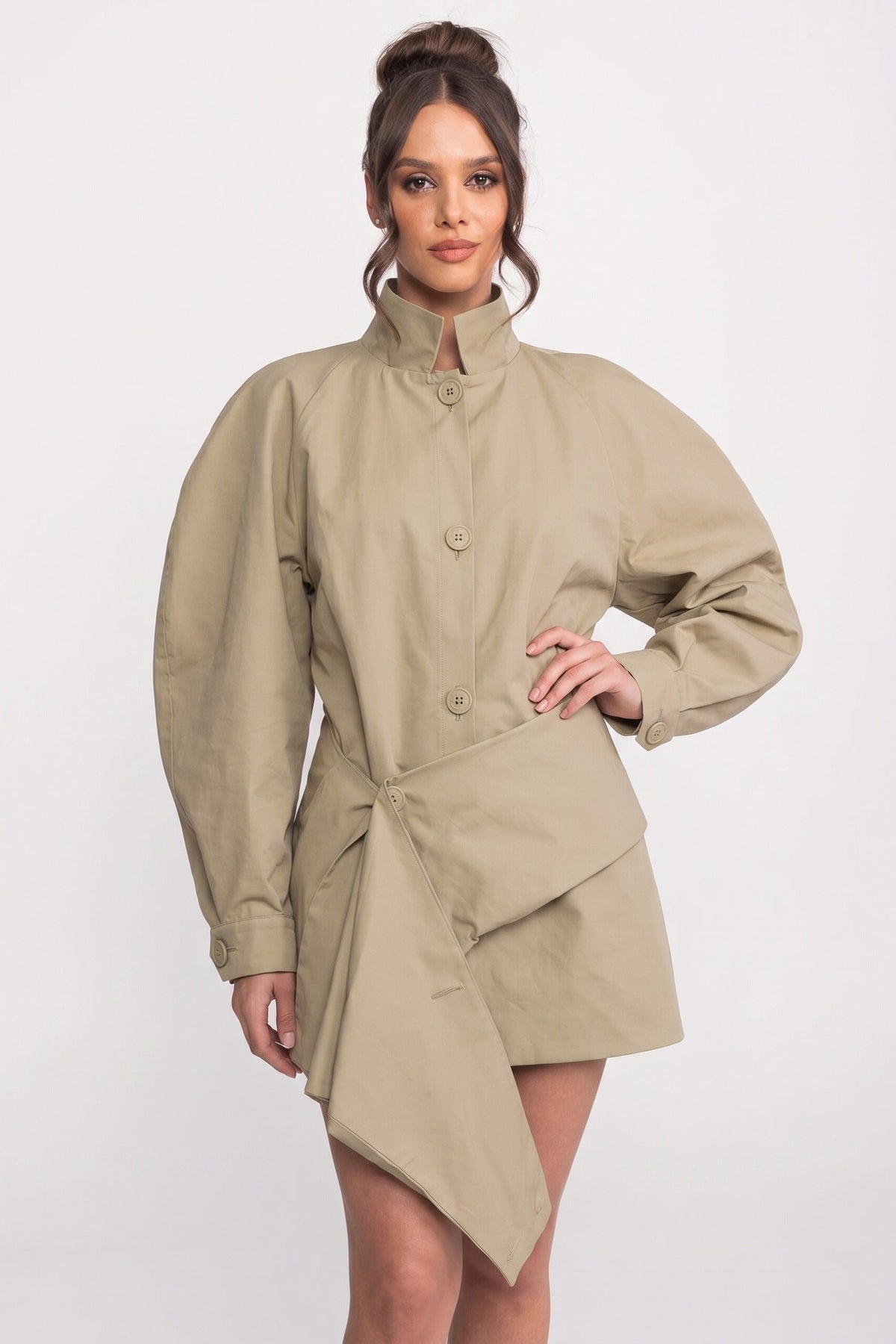 ATISSE – Women’s Oversized Belted Jacket – Balloon Sleeve Asymmetric Hem Jacket – Khaki Statement Outerwear